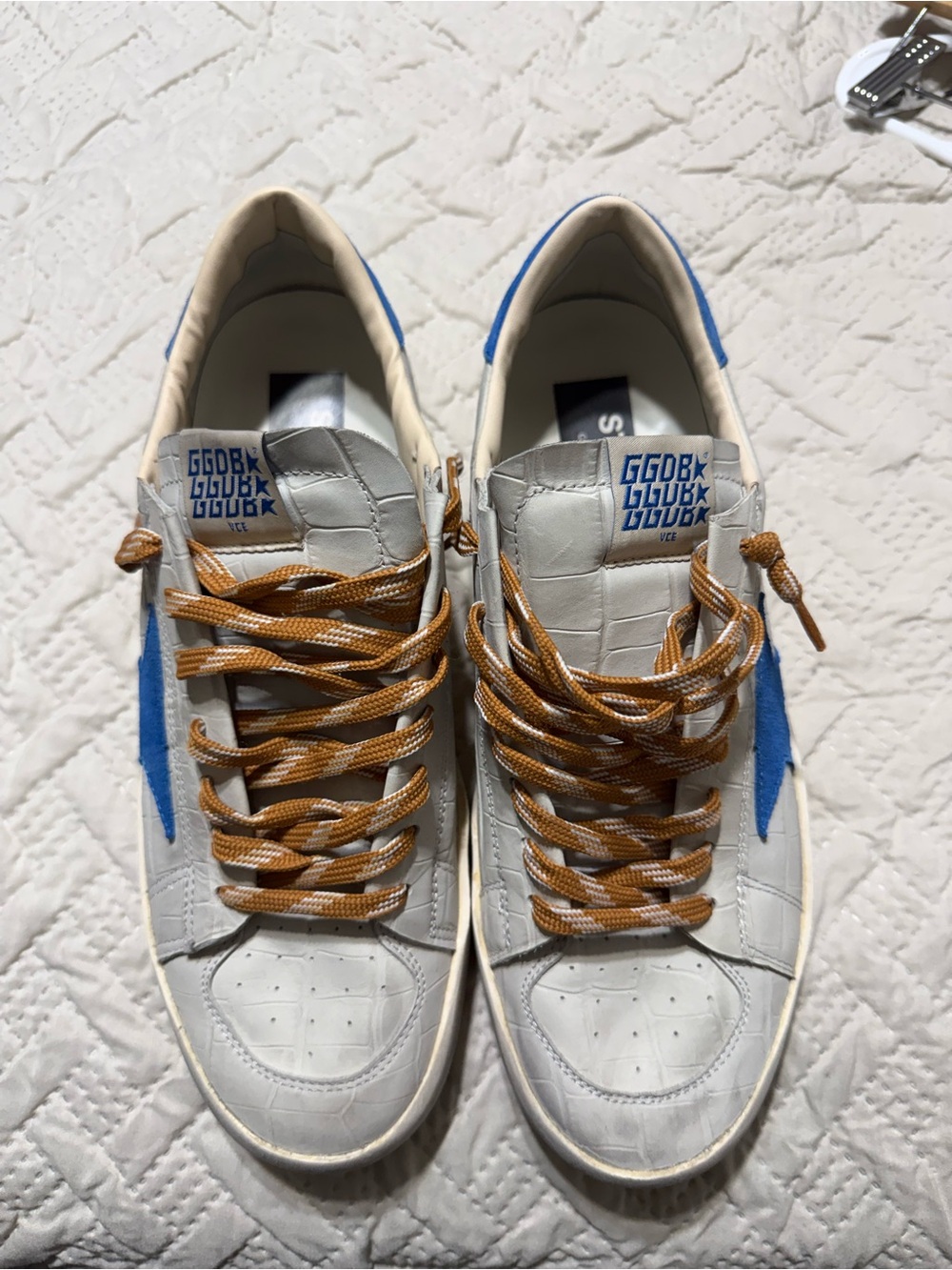 Golden Goose White Sneakers with Blue Star and Tan Laces